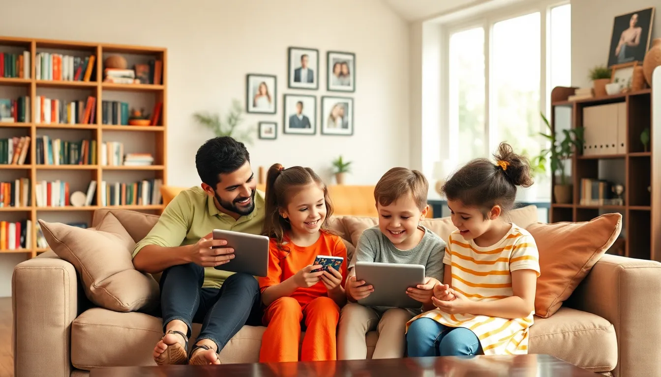 a family engaging positively in a modern living room.