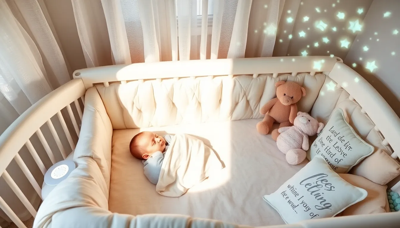 a tranquil nursery with a sleeping baby and soothing sound machine.