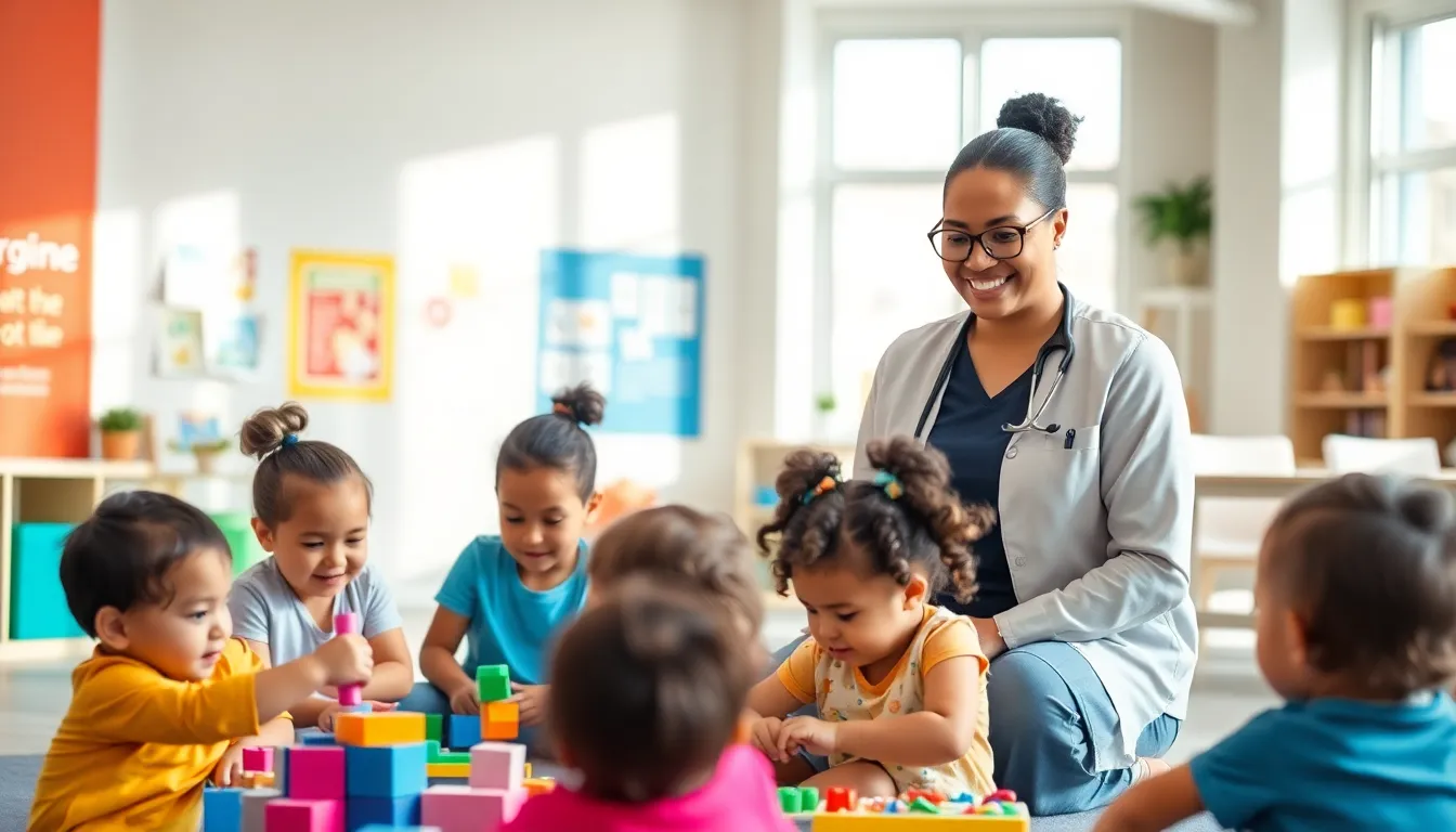 diverse children playing in an affordable daycare center.