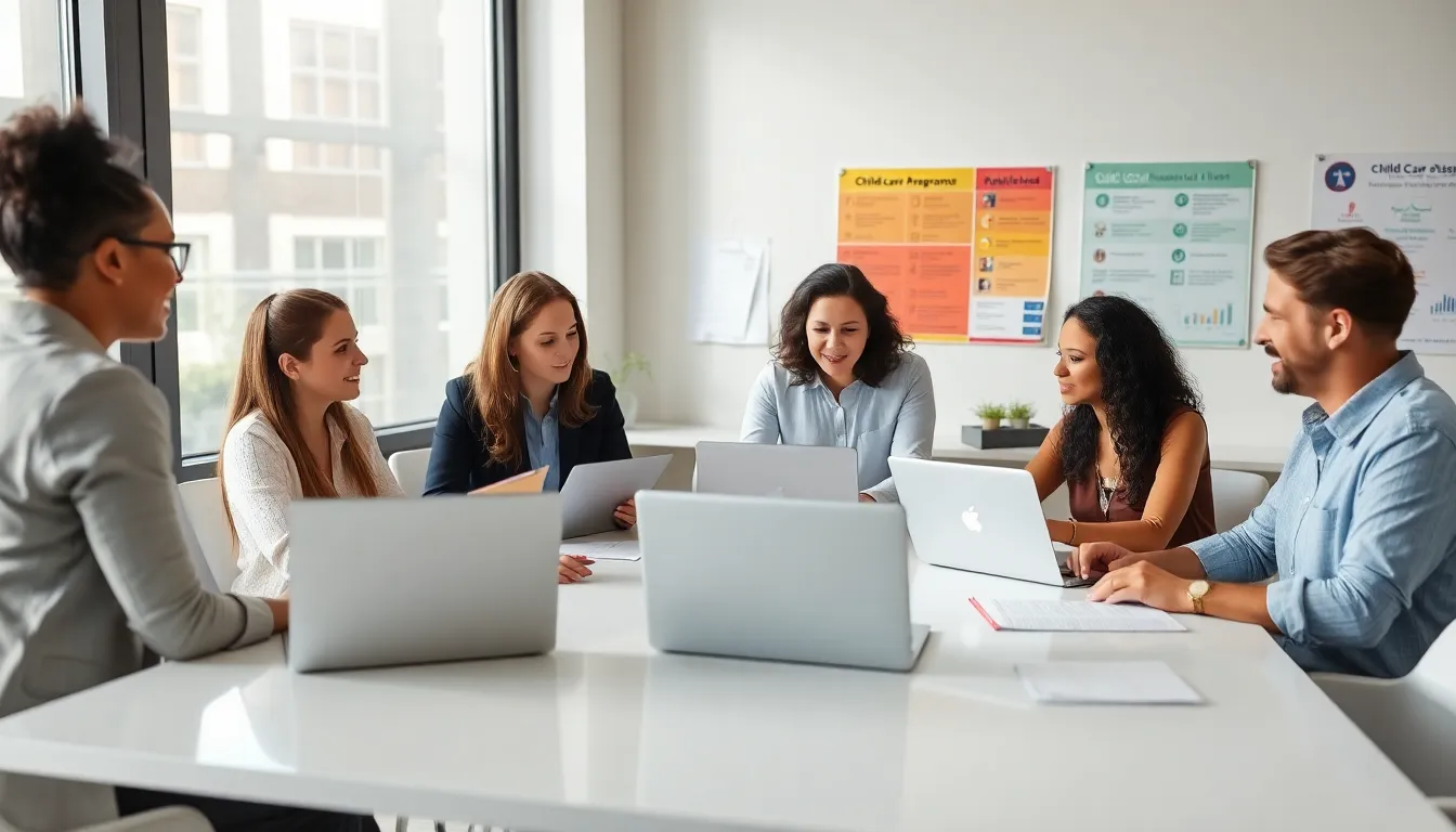 professionals discussing child care financial assistance in a modern office.