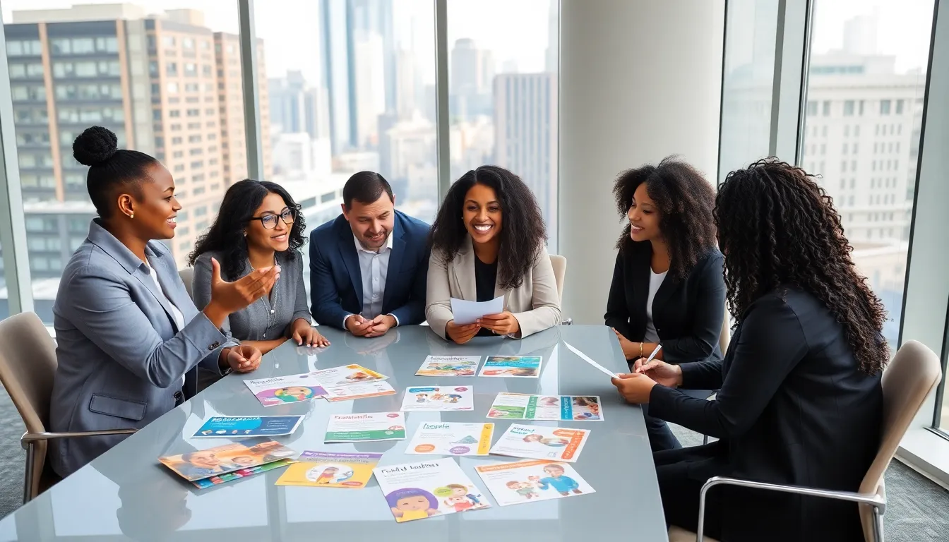parents discussing affordable childcare options in a modern office.