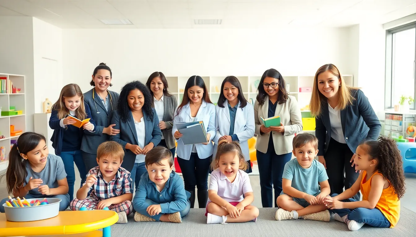 diverse caregivers engaging with children in a modern childcare setting.