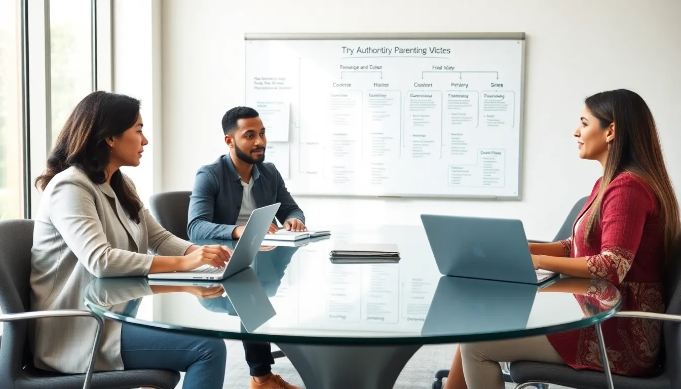 diverse parents discussing authoritative parenting in a modern office.