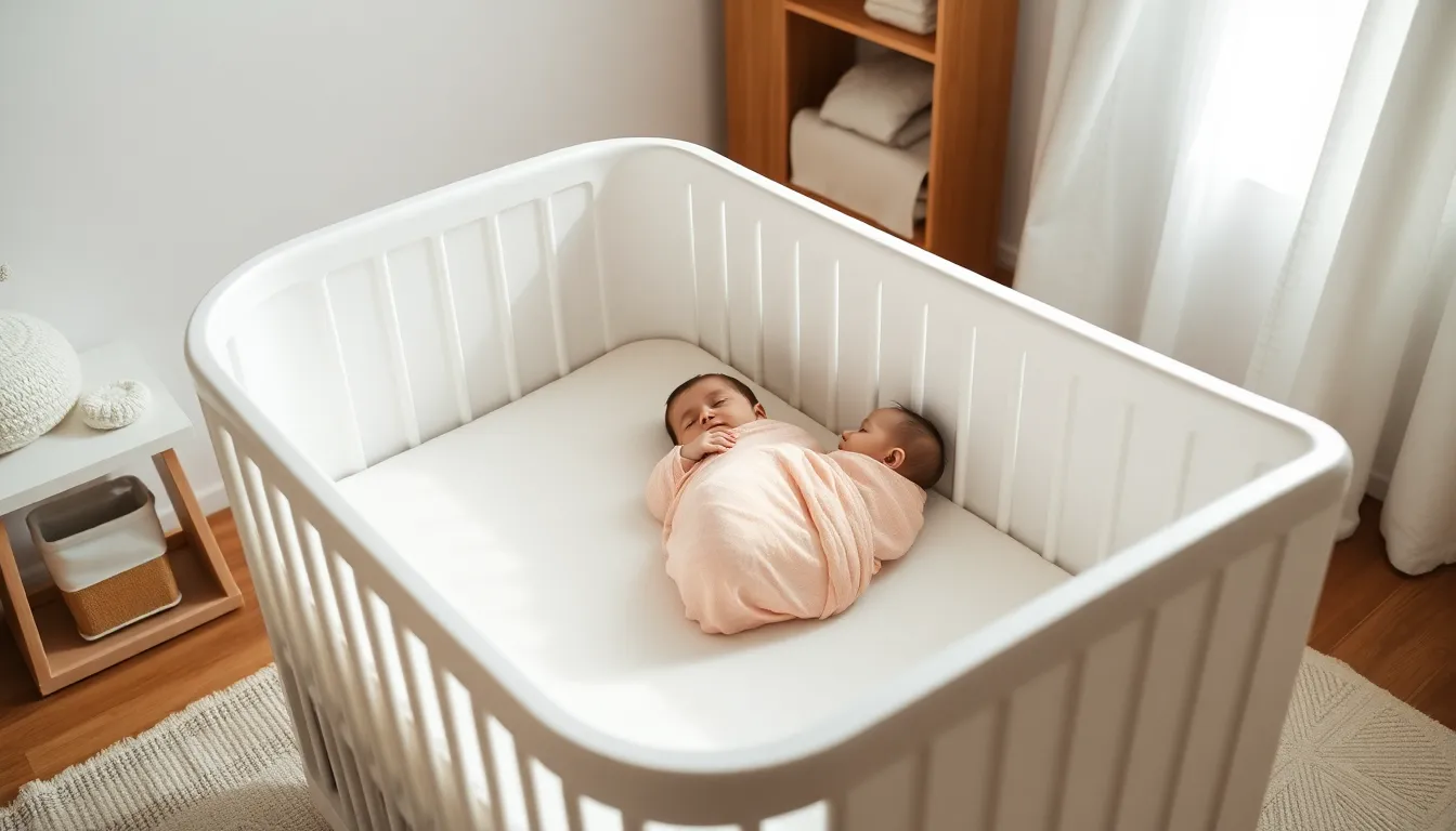 a swaddled baby sleeping in a serene nursery.