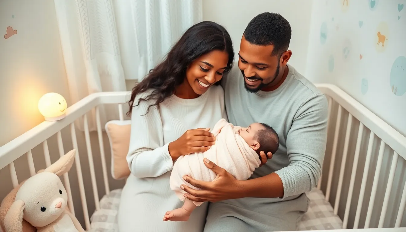 diverse couple swaddling their baby in a serene nursery setting.