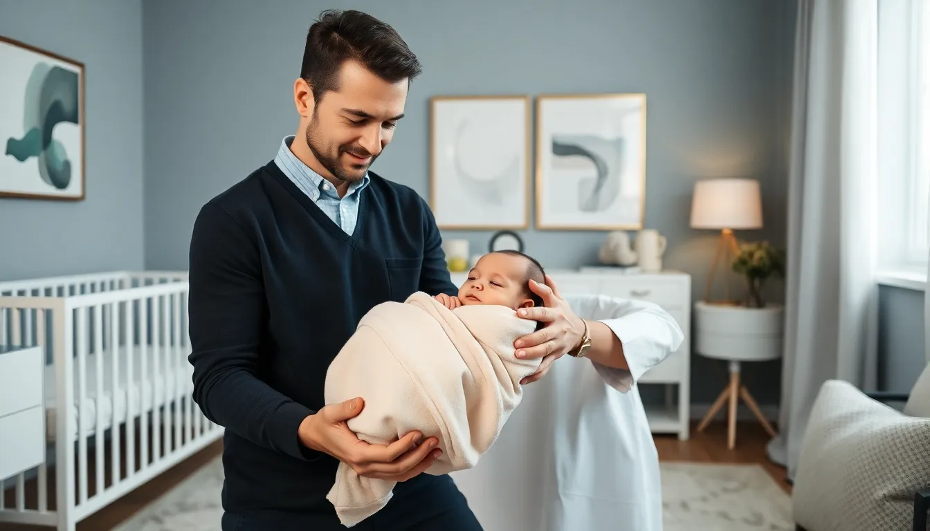 pediatrician demonstrating swaddling technique with a newborn in a nursery.