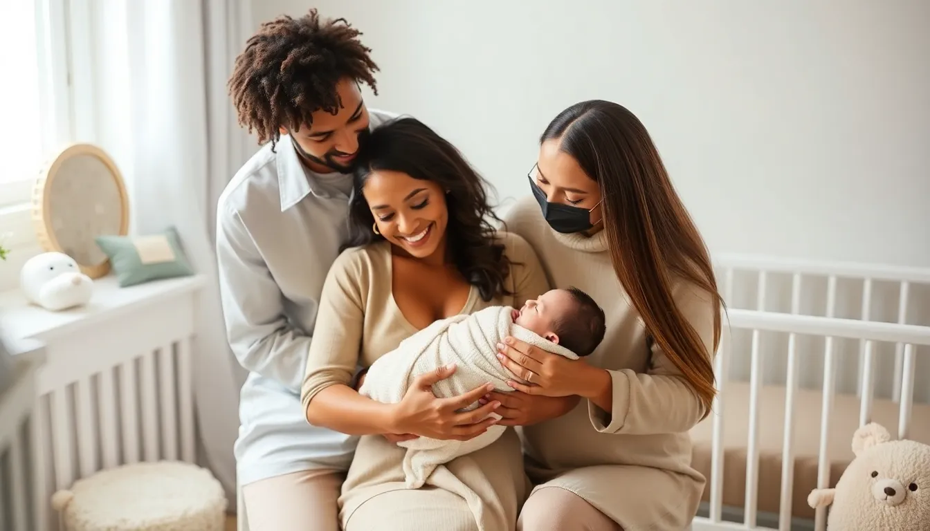 parents swaddling a newborn in a modern nursery.