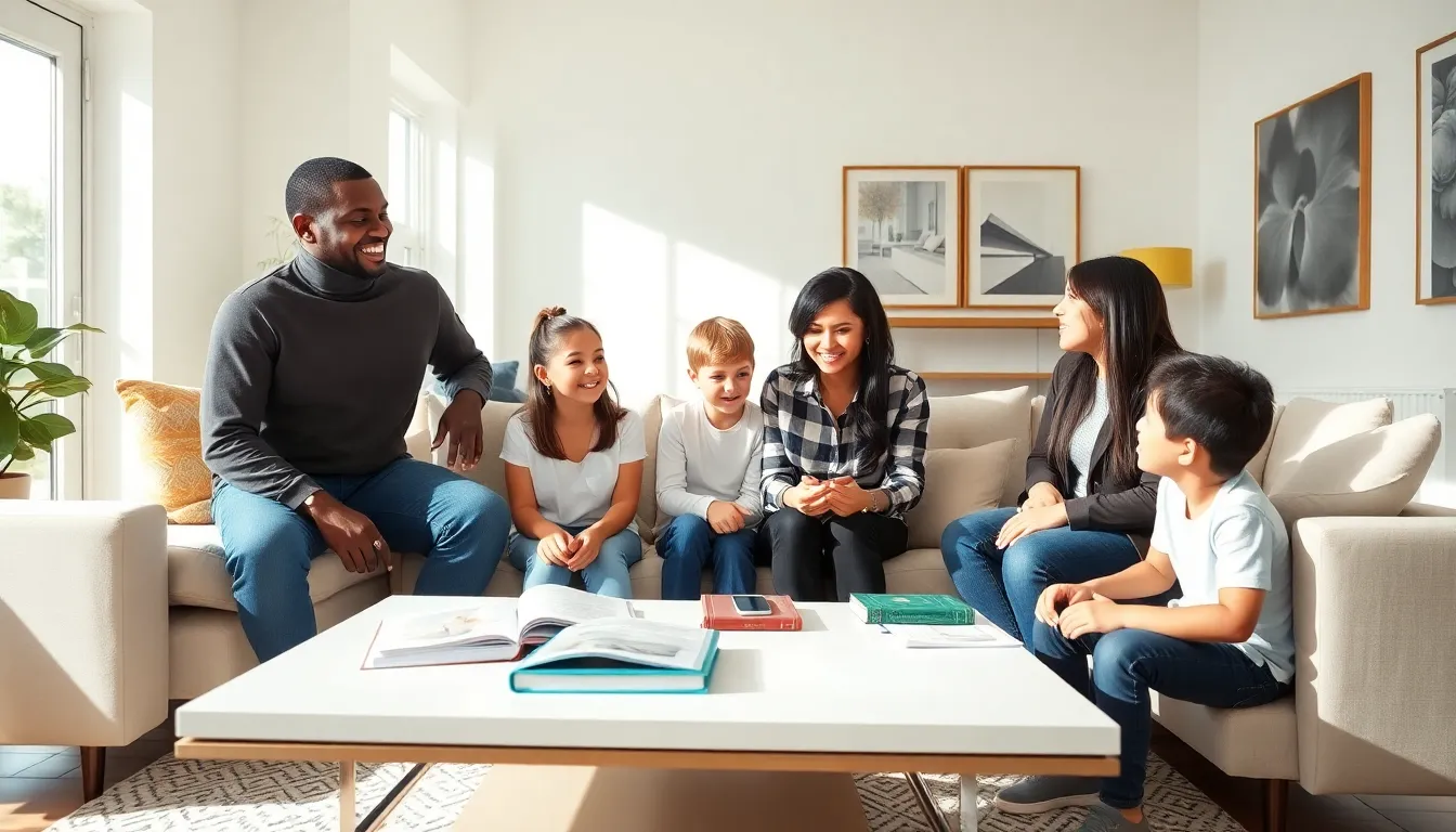 diverse family engaging in supportive discussion in a modern living room.