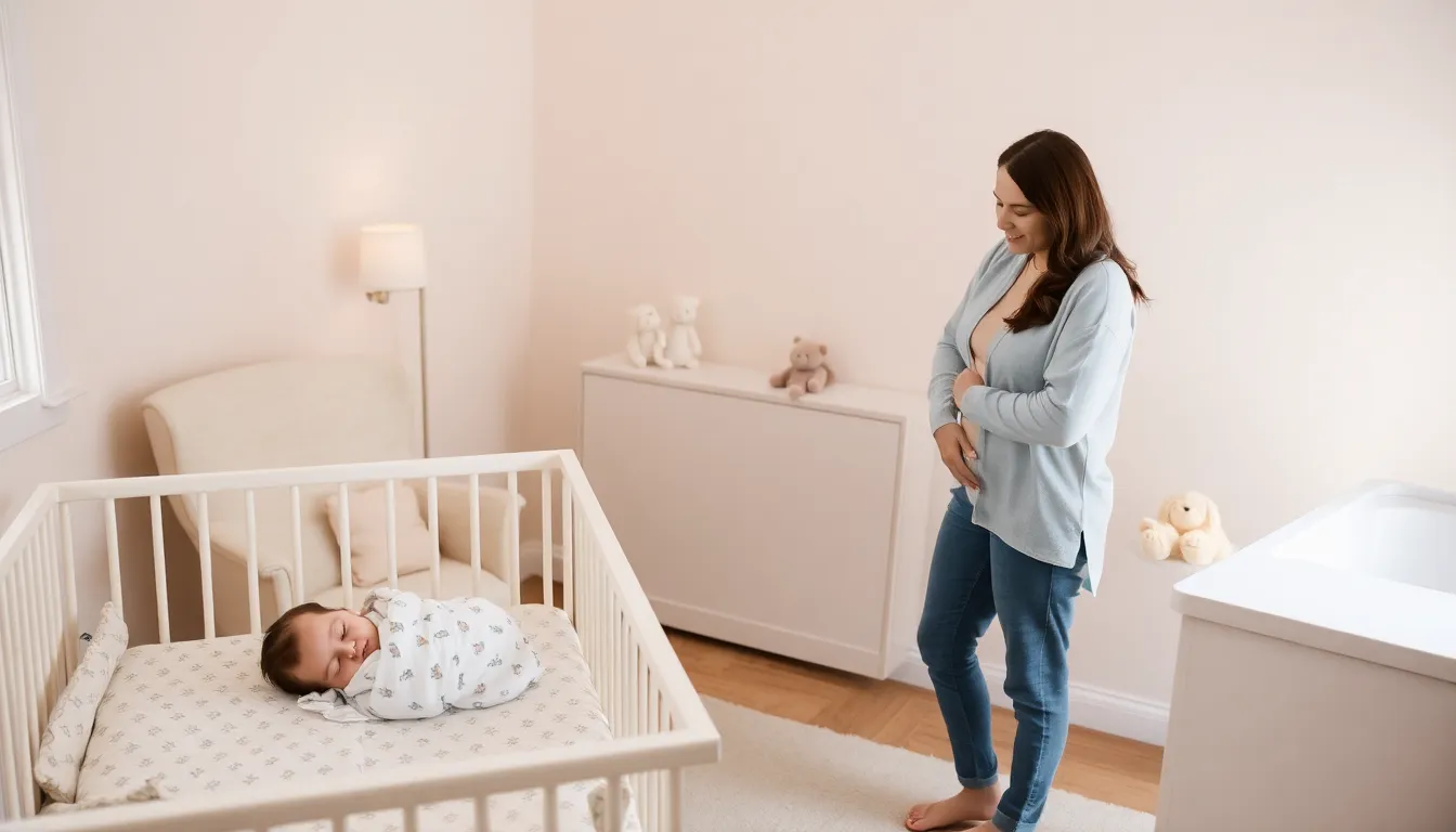 a cozy nursery with a swaddled baby and a watching parent.