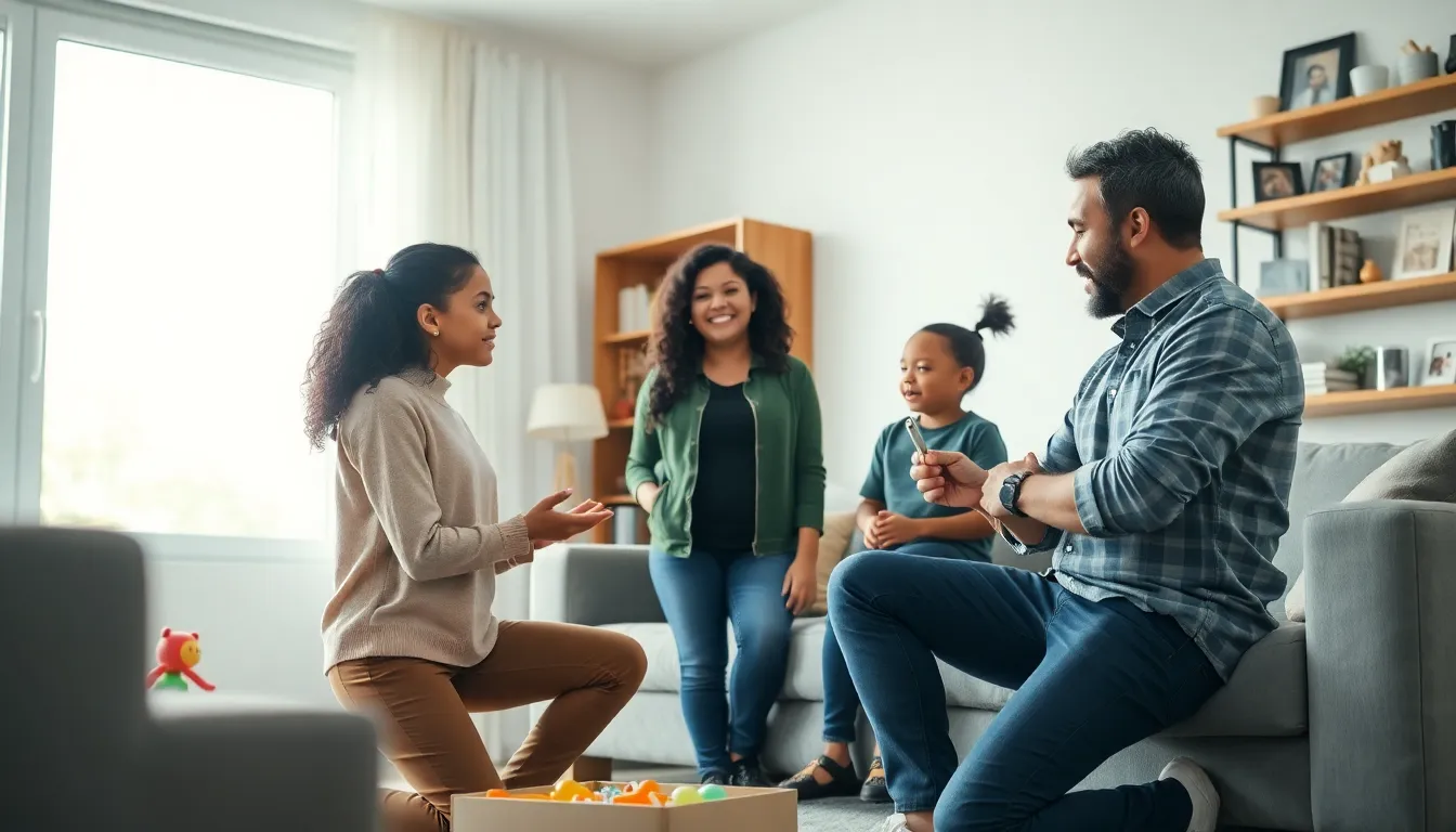 family engaging in a thoughtful conversation in a modern living room.